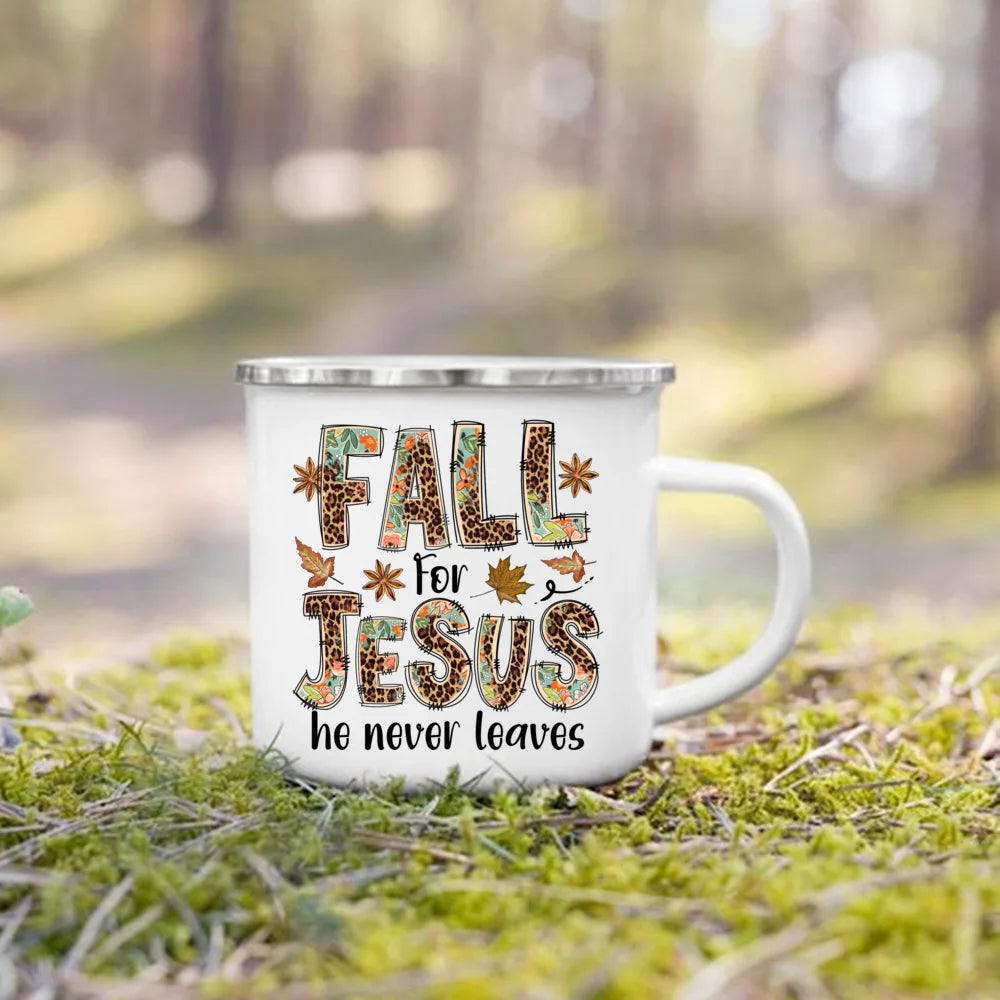Fall for Jesus He Never Leaves Autumn Enamel Mugs