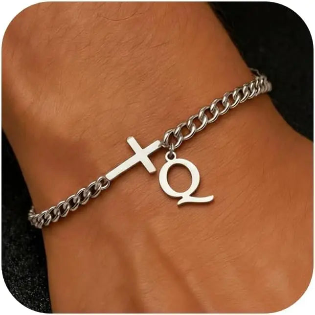 Cross Cuban Stainless Steel Initial Bracelets