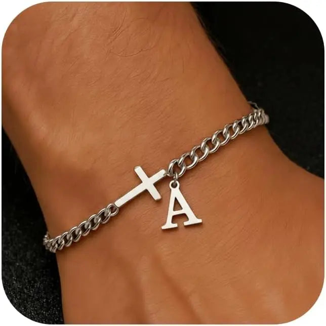 Cross Cuban Stainless Steel Initial Bracelets