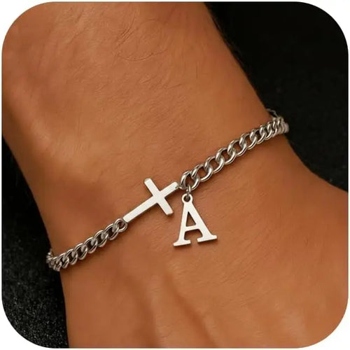 Cross Cuban Stainless Steel Initial Bracelets