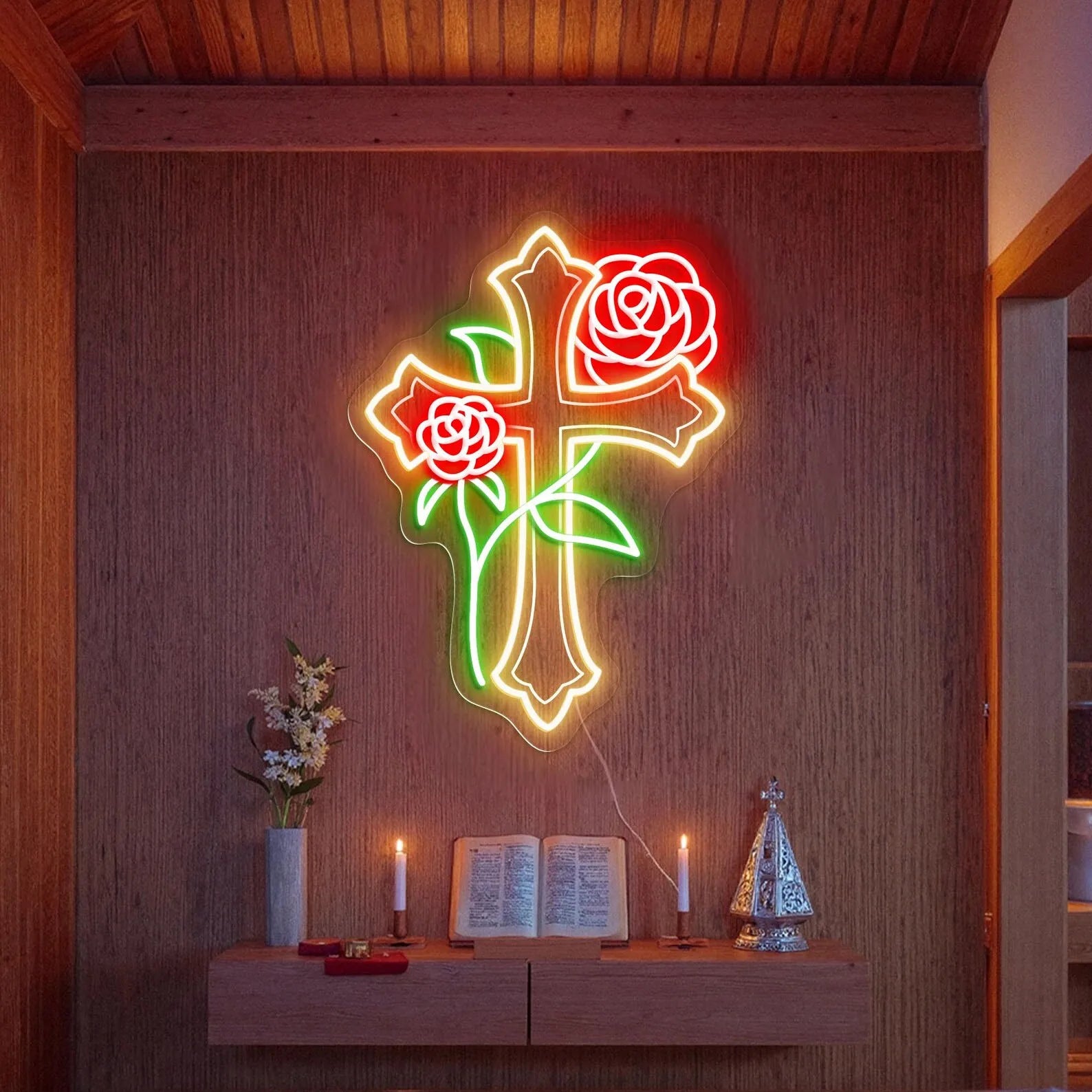 Cross & Rose Neon Sign