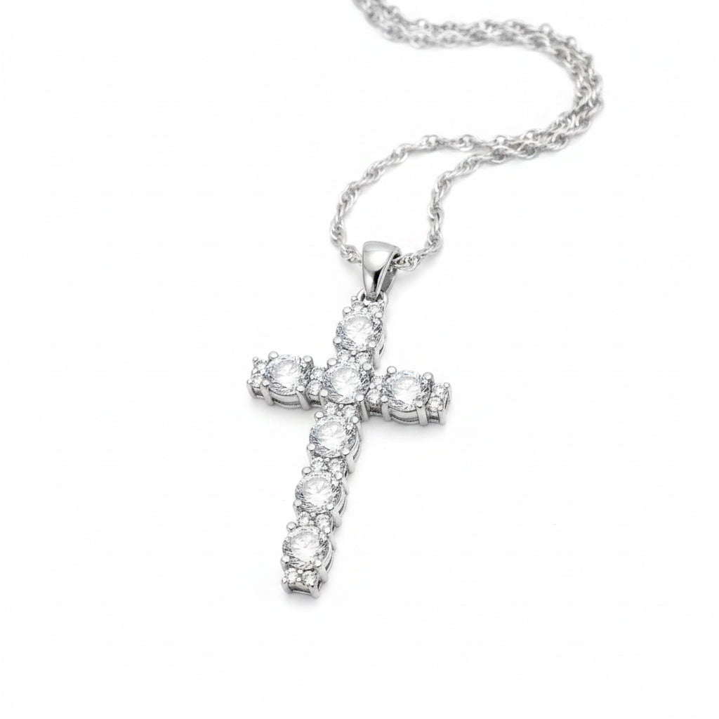 Halo Moissanite Cross Pendant Necklace