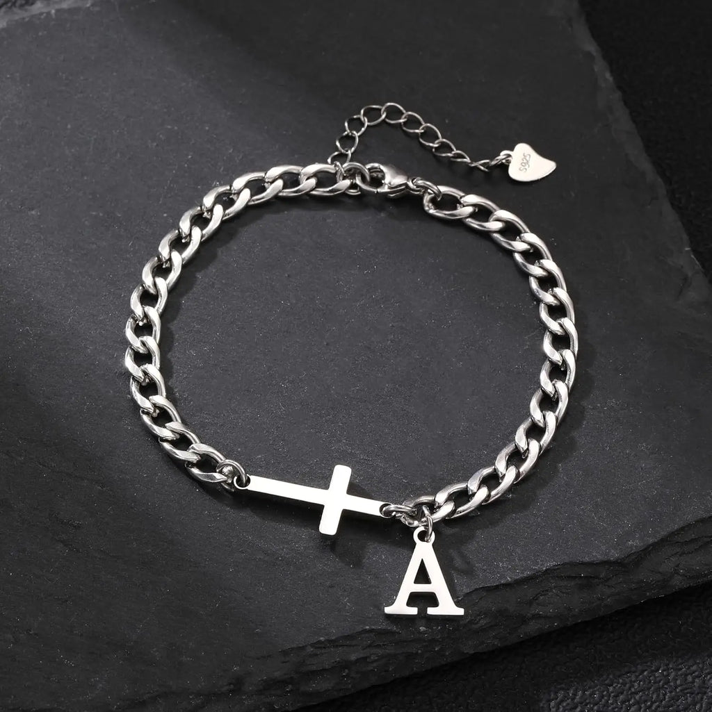Cross Cuban Stainless Steel Initial Bracelets