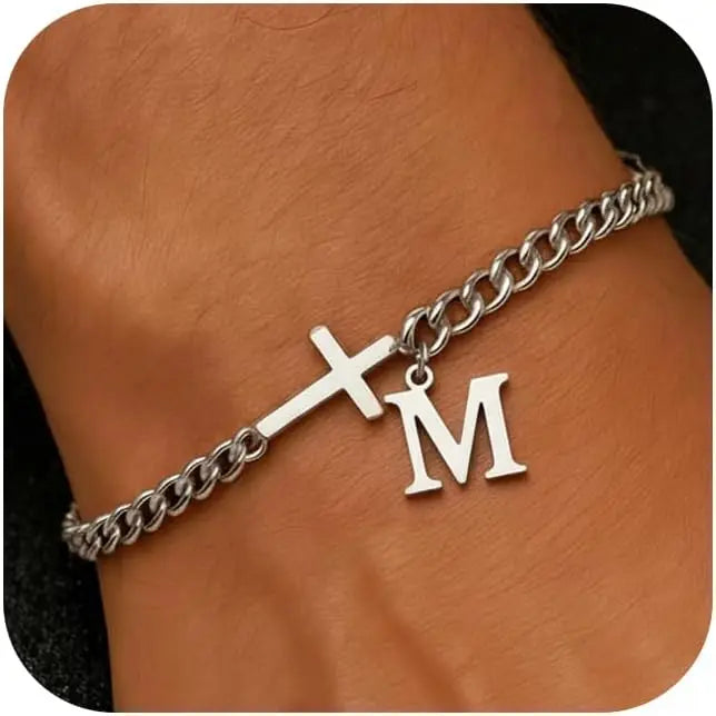 Cross Cuban Stainless Steel Initial Bracelets