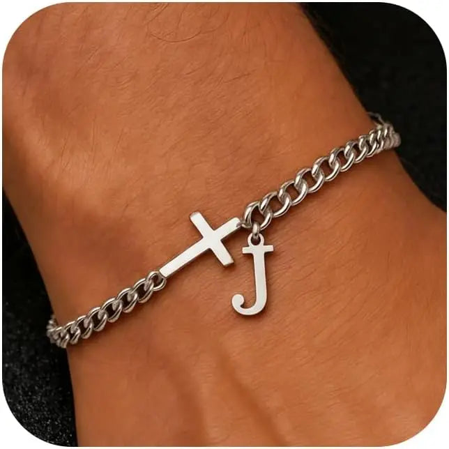 Cross Cuban Stainless Steel Initial Bracelets