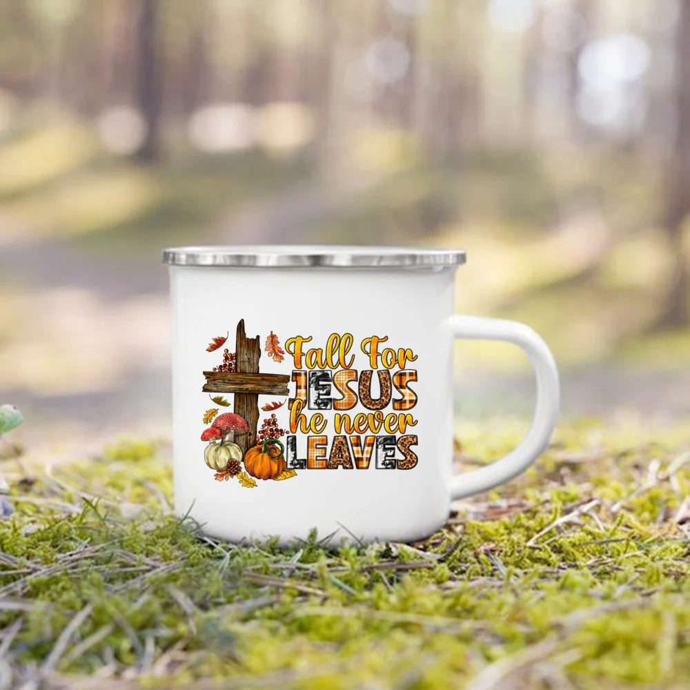 Fall for Jesus He Never Leaves Autumn Enamel Mugs