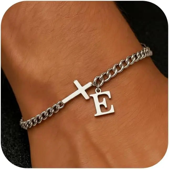 Cross Cuban Stainless Steel Initial Bracelets